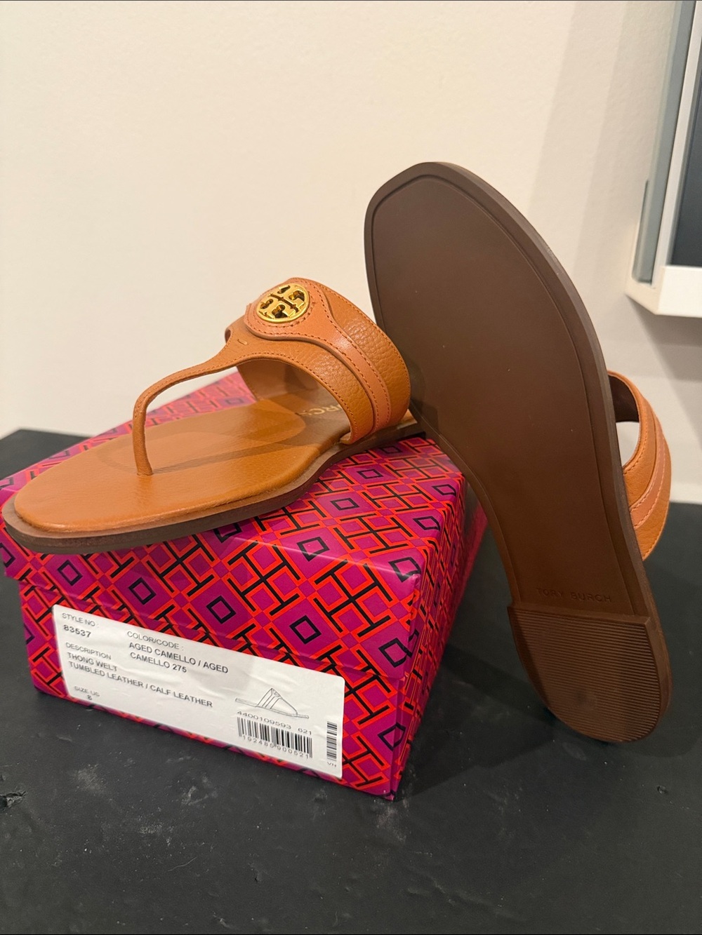 Tory Burch Aged Camello Leather Logo Thong Sandals